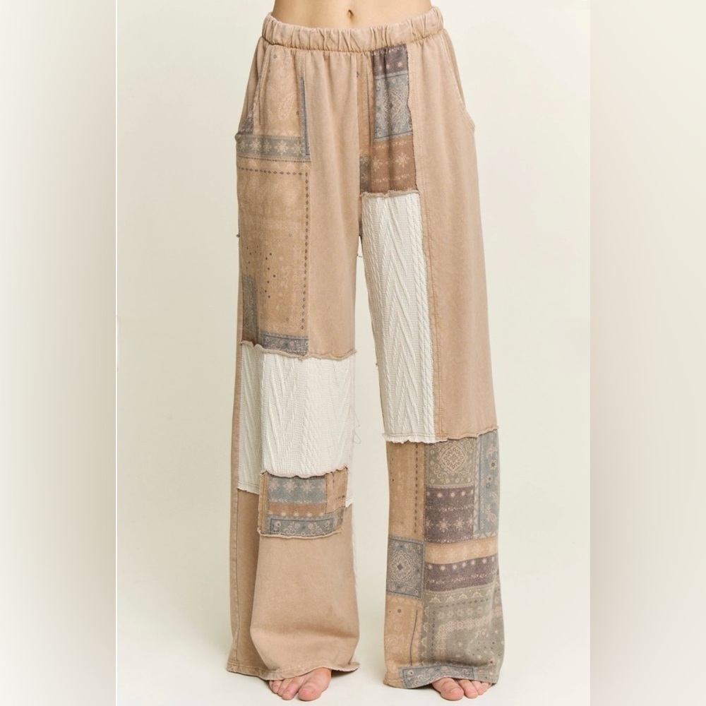 NWT J. Her Patchwork Cable Knit Bandana Boho Print Mixed Media Wide Leg Pants - Picture 11 of 13